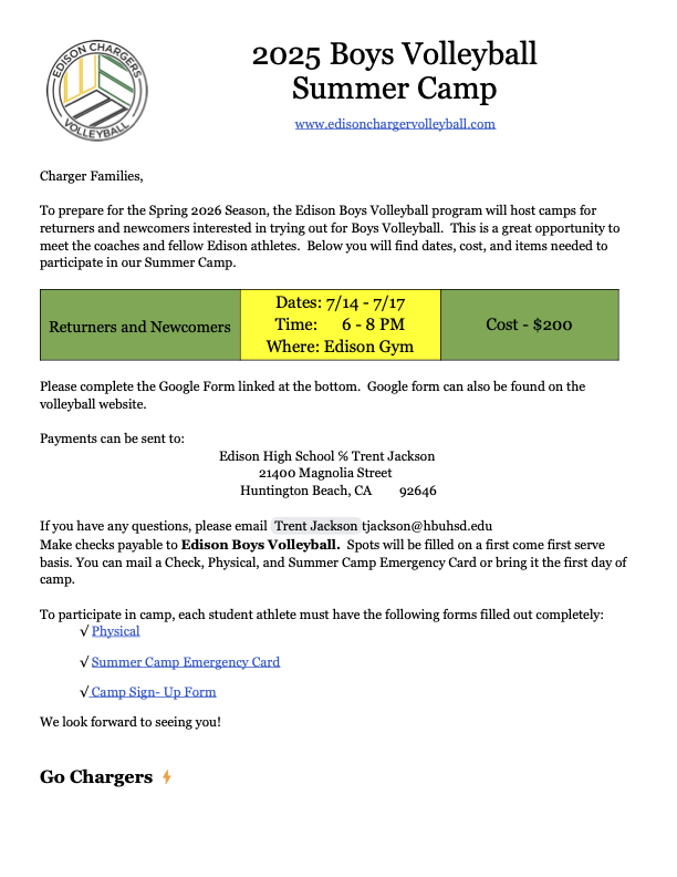 2025 Boys Volleyball Summer Camp @ Edison Gym